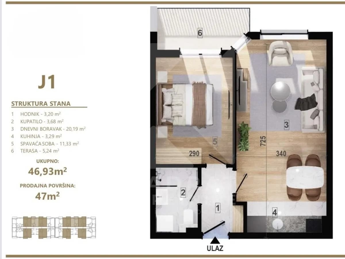 Prodaja, jednosoban stan, 47m², Zagorič, Podgorica